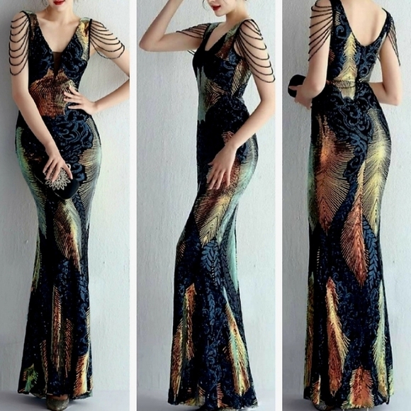 Navy, Floral, Beaded,  V Neck, Round Back,  Sleeveless,  Sequined Mermaid Gown - Picture 1 of 16